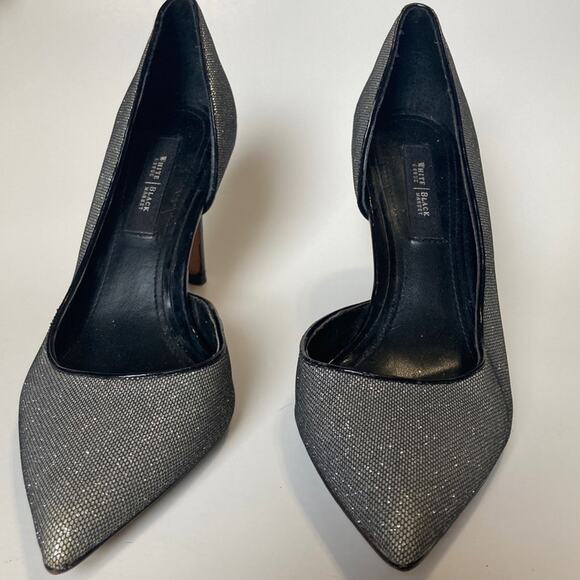 WHBM Ella Silver Glitter Pumps size US 7 D'Orsay Glitter Embossed Black Leather - Picture 7 of 7